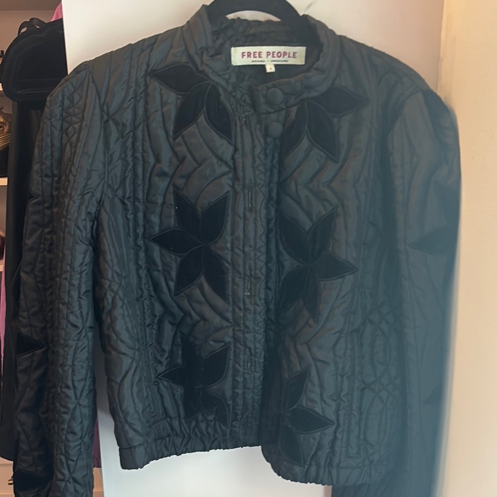 Free People Black Bomber Jacket with Textured Design